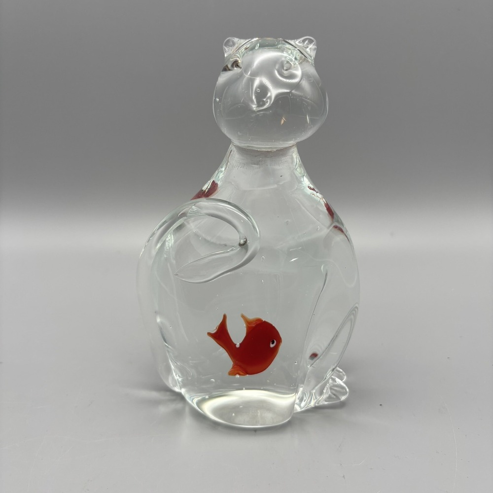 Murano Style Blown Glass Cat With Fish In Belly Figurine Statue 6.25" tall